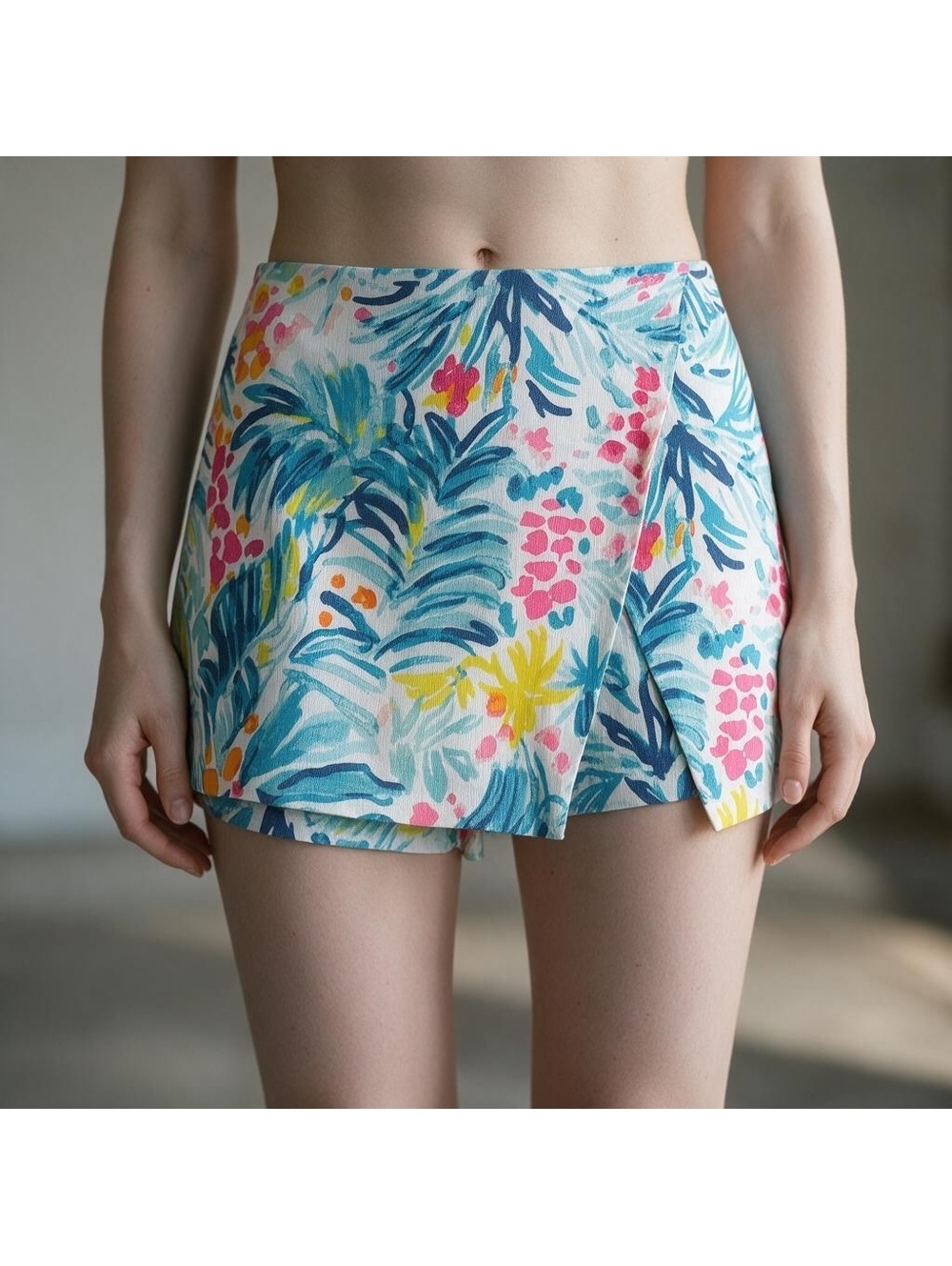 Lilly Pulitzer Blue Pink Yellow White Tropical Floral Wrap Front Mini Skort SZ 2